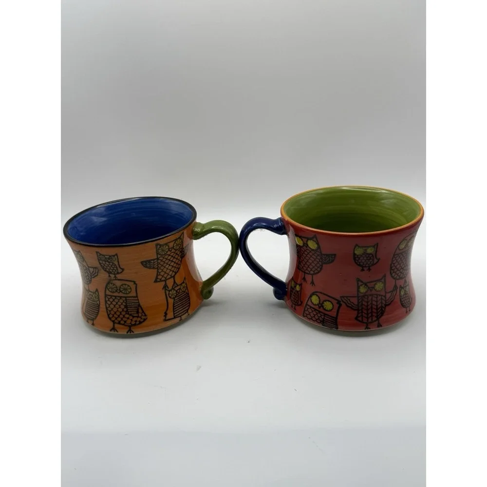 Vtg Pier 1 Imports Ceramic Owl Mug Cup Coffee Tea Stoneware Set Of 2